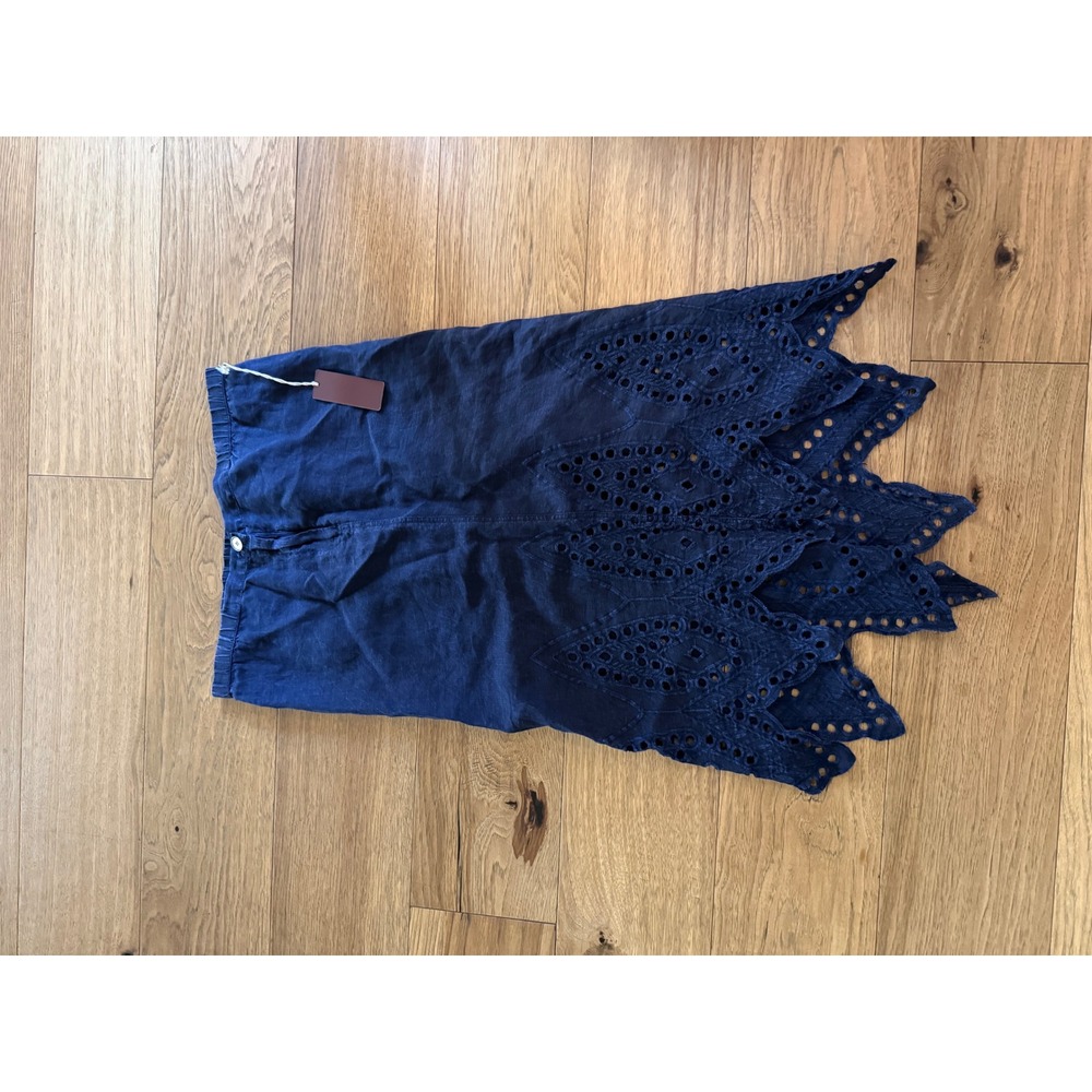 XCVI Navy Blue Linen Scallop Lace Eyelet Handkerchief Hem Midi Skirt Medium